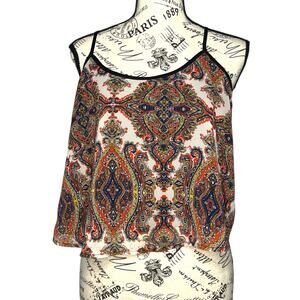 San Souci (L) Sheer Back Lined Front Spaghetti Strap Cropped Boho Chic Tank Top